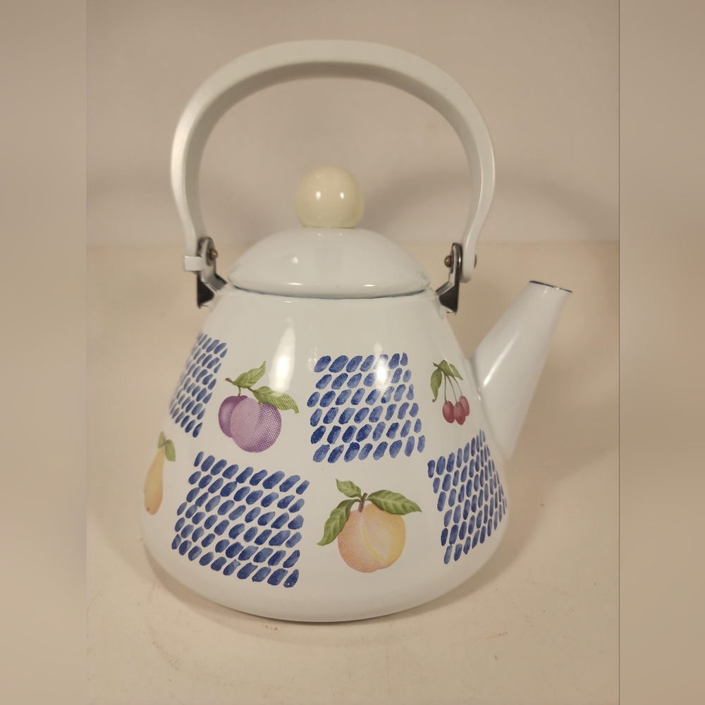 White Enamel Teapot Fruit Pear Cherries Plum Peach Blue 2 Qt Decorative Tea Pot